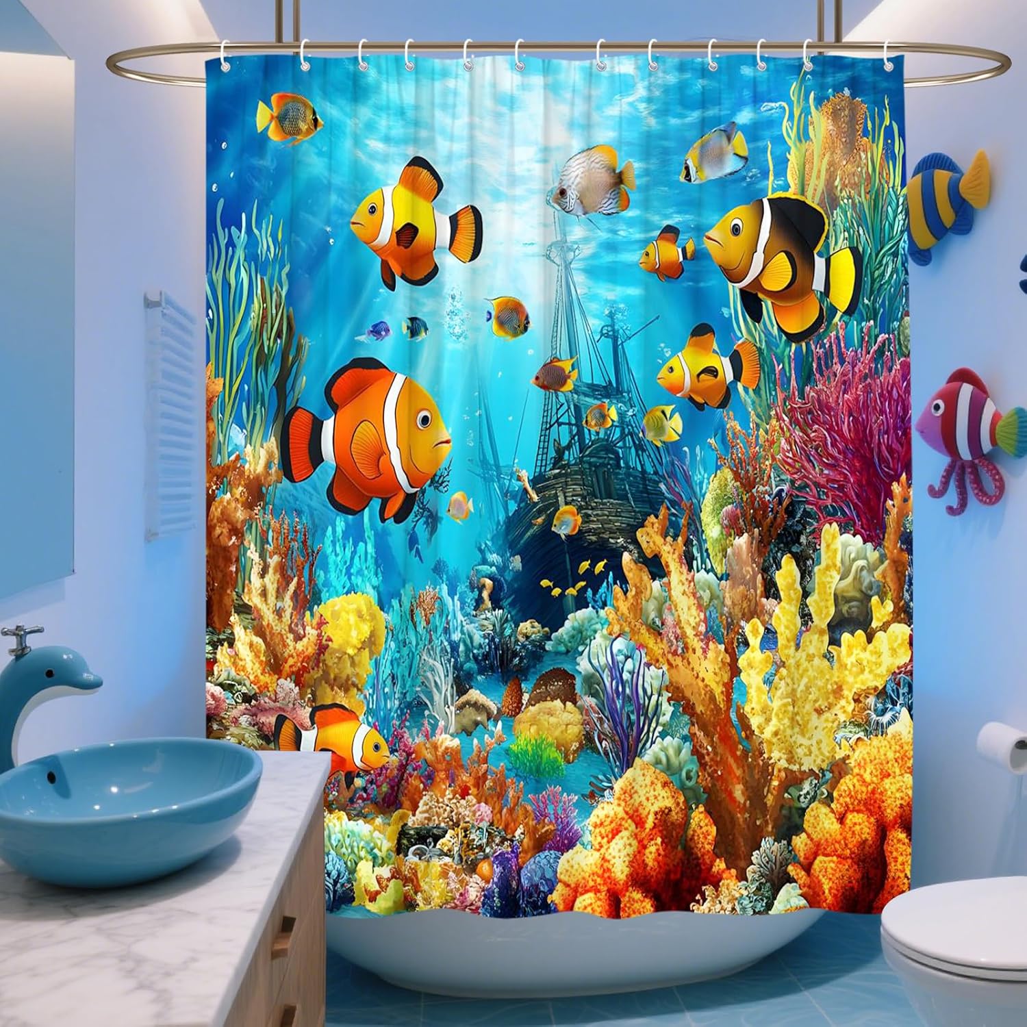 Ocean Underwater World Shower Curtain Colorful Fish Shower Curtain Sea Tropical Fishes Turtle Coral in The Deep Sea Blue Ocean Polyester Fabric Bathroom Decorative Curtain (90" Wx70 L)