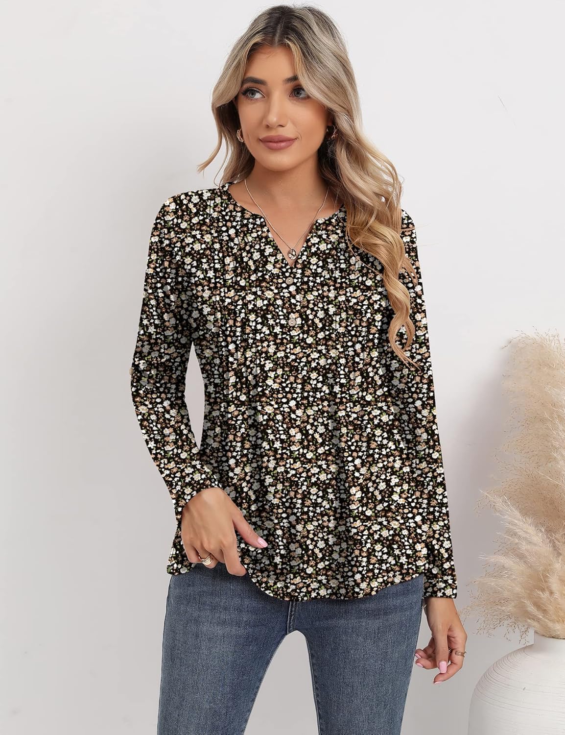 3/4 Sleeve Tops for Women V Neck Henley Long Sleeve Dressy Casual Shirts Ladies Loose Button-up Blouses Tunic - Image 3