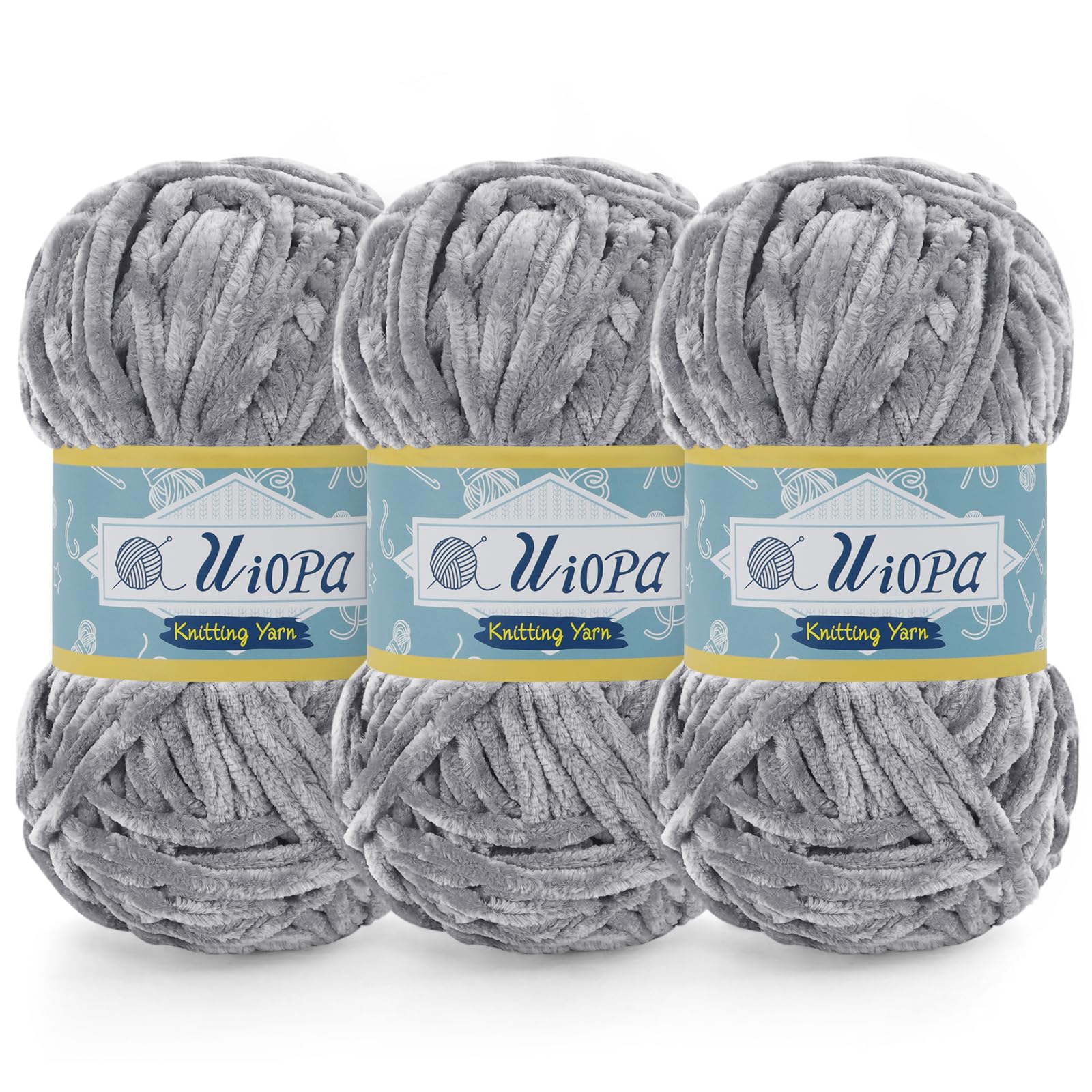 Uiopa 3 x 100g Chunky Chenille Yarn, Plush Velvet Yarn Thick Chenille Wool, White Gray Fluffy Crochet Chunky Wool for Amigurumi Blankets Clothes DIY Crafts — image 1