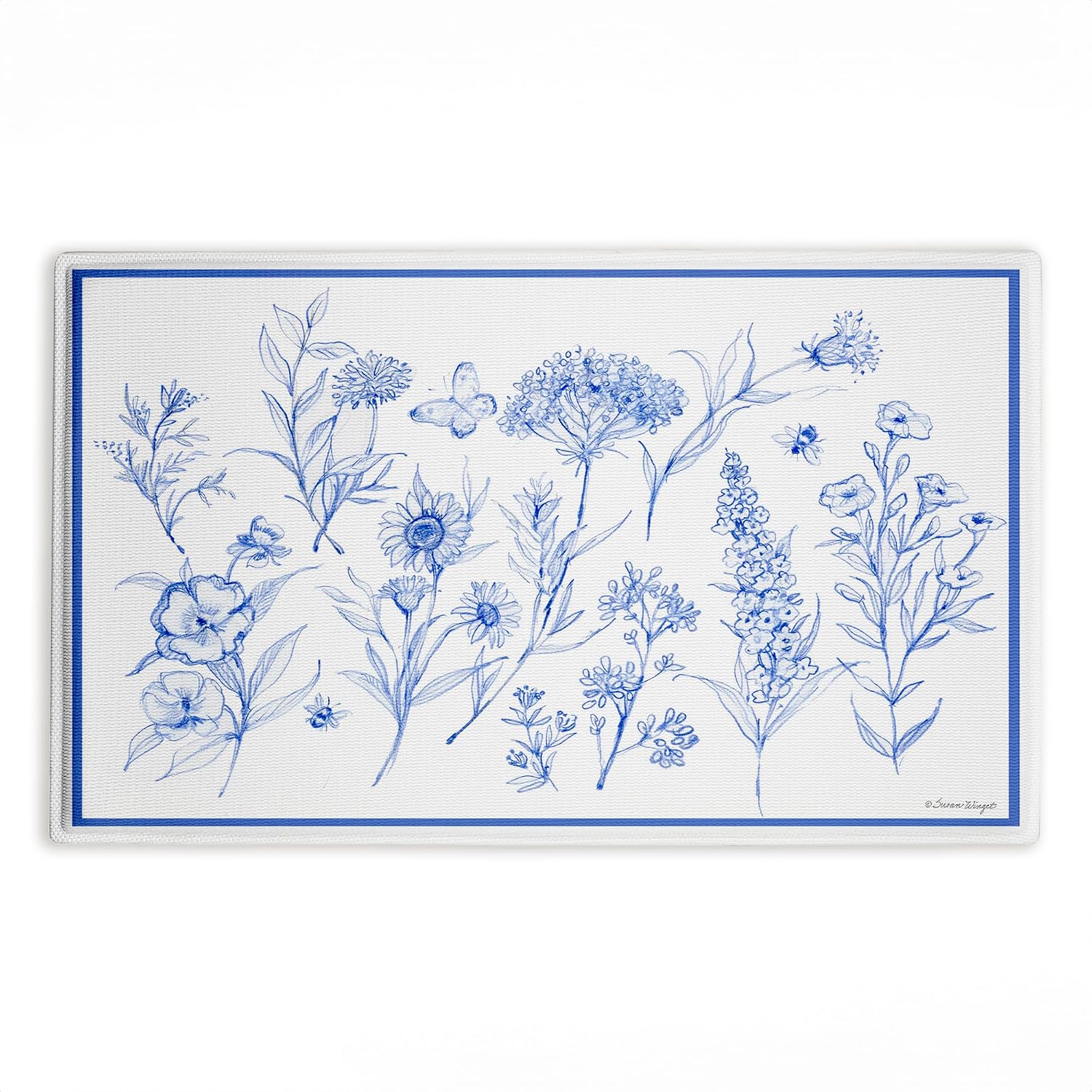 Stupell Industries Single Blue Flower Sprigs Plush Bathroom Mat & Bath Rug, Soft Quick-Dry Non-Slip Bathroom Rug with Recycled Foam Cushion, Botanical Minimalist Floral Design by Susan Winget, 18"x30"