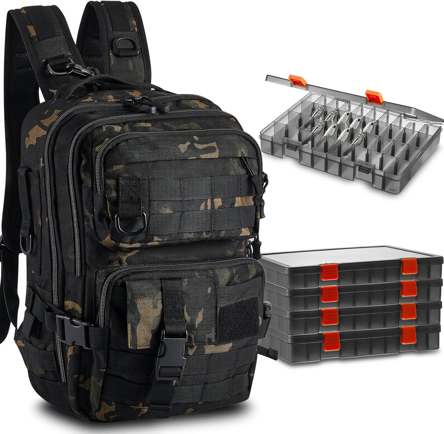 Fishing Tackle Backpack with Rod Holders and 4 Tackle Boxes Large Storage Fishing Bags Water Resistant Tackle Bag for Camping Hiking Travel Gear and Equipment(Camouflage,Shoulder Bag)