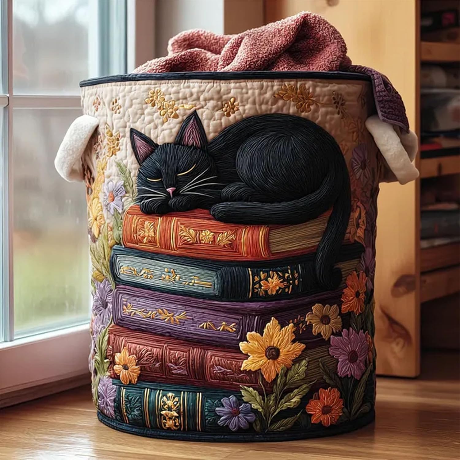 Cat Laundry Basket, Vintage Books Embroidered Laundry Basket, Cute Floral Cat Decorative Storage Bin with Handles for Clothes, Toys, Books, Blankets for Home, Bedroom, Bathroom, Nursery (F)