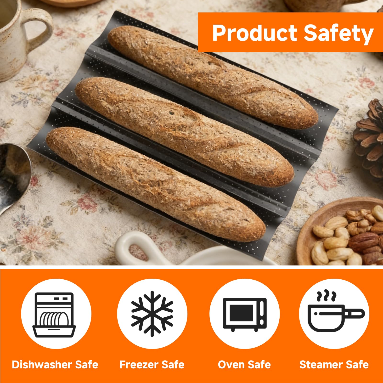 Molde Pan Baguette, Molde Baguette Horno con Revestimiento, Bandeja 3 Piezas Francesas, Panecillos Caseros 38x25 cm, Ideal Hornear Resultado Perfecto Casa Crujiente Uniforme — view 6