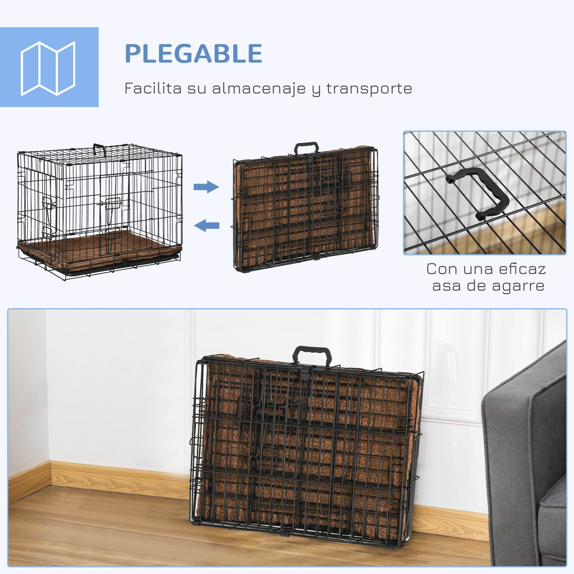 PawHut Jaula de Metal para Perros Plegable 60x43x49,5 cm con 2 Puertas Negro