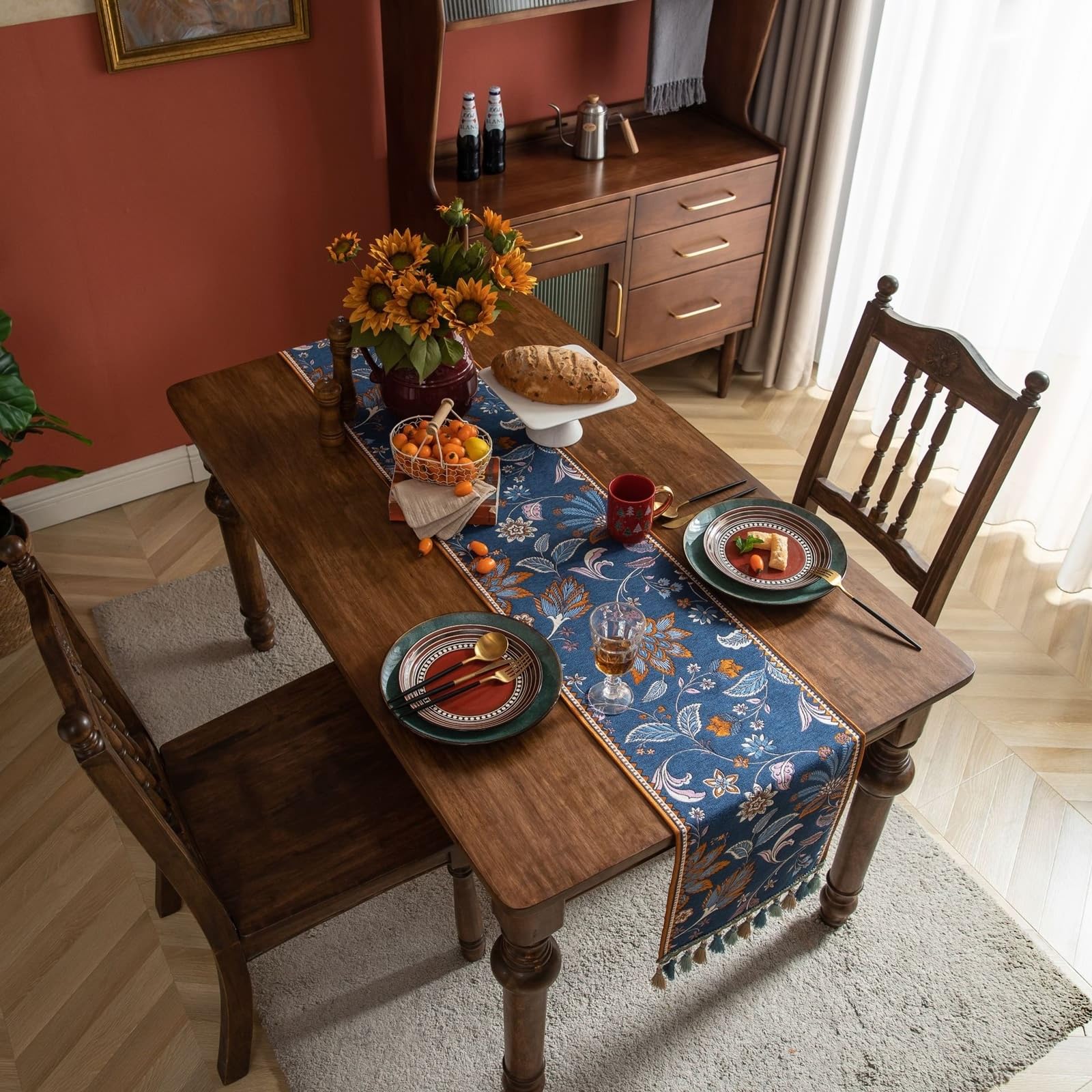 Bieżnik na stół w stylu vintage, żakardowy z kwiatami, geometryczny wzór, frędzle, bieżnik na stół, poliester, niebieski, bieżnik do domu, restauracji, hotelu, dekoracja stołu, 35 x 400 cm