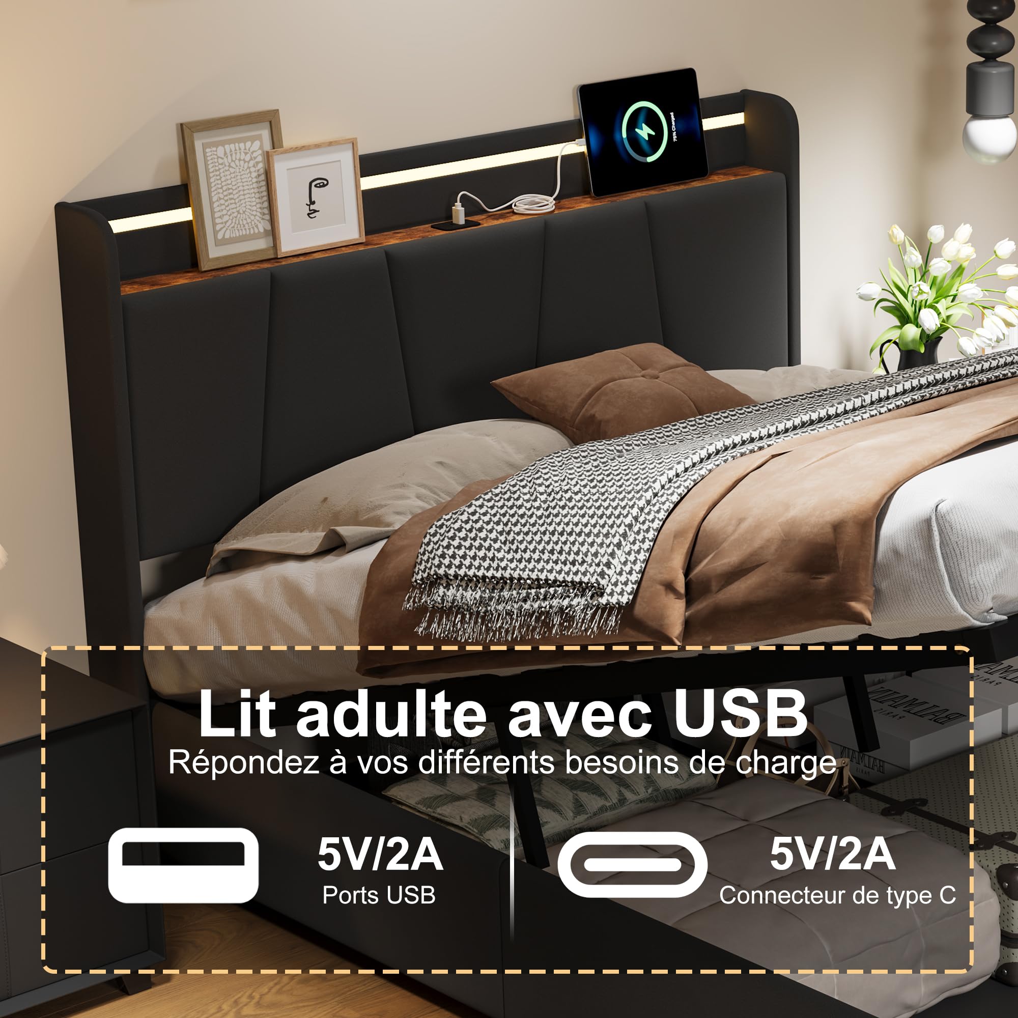 Lit Coffre 140x190 Cm Avec 4 Tiroirs De Rangement - Lit Double Adulte Et Adolescents Beige 87255001