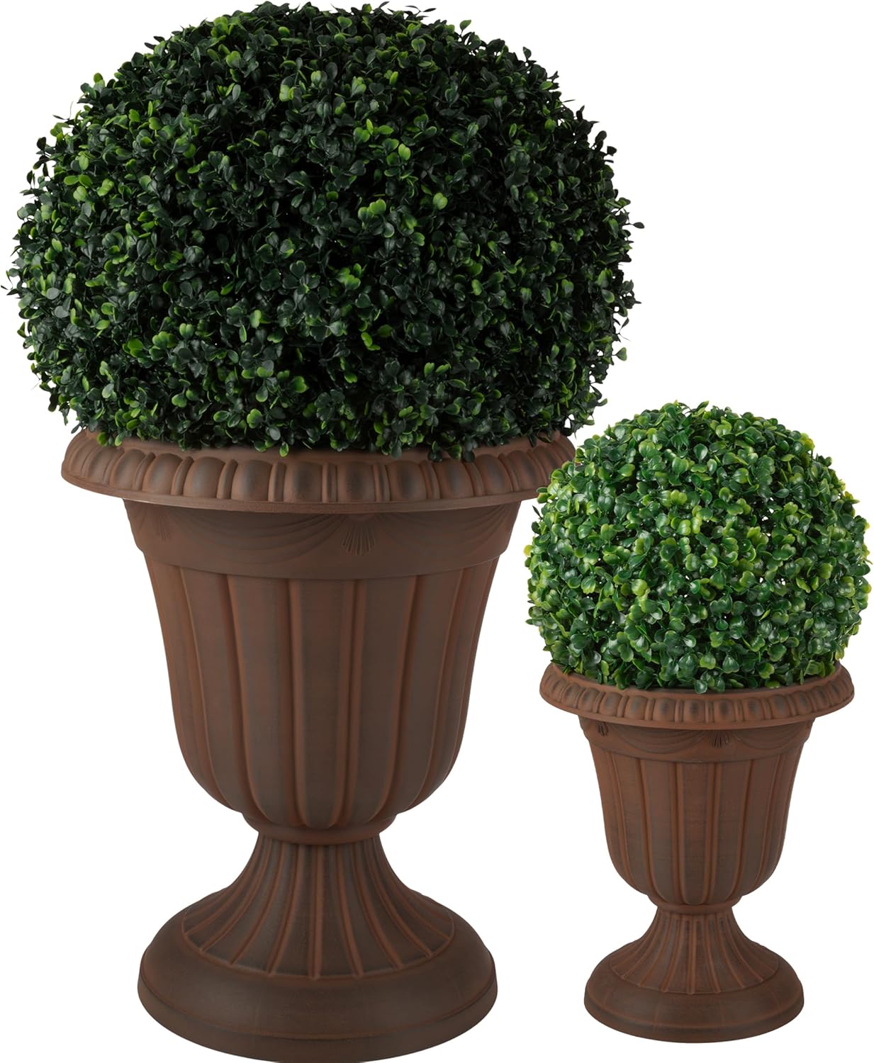 Pure Garden Outdoor Planter 2-Pack - Large and Small Urn Planters - Plastic Plant Pots for Indoor, Outdoor, or Front Porch Decor (Brown)