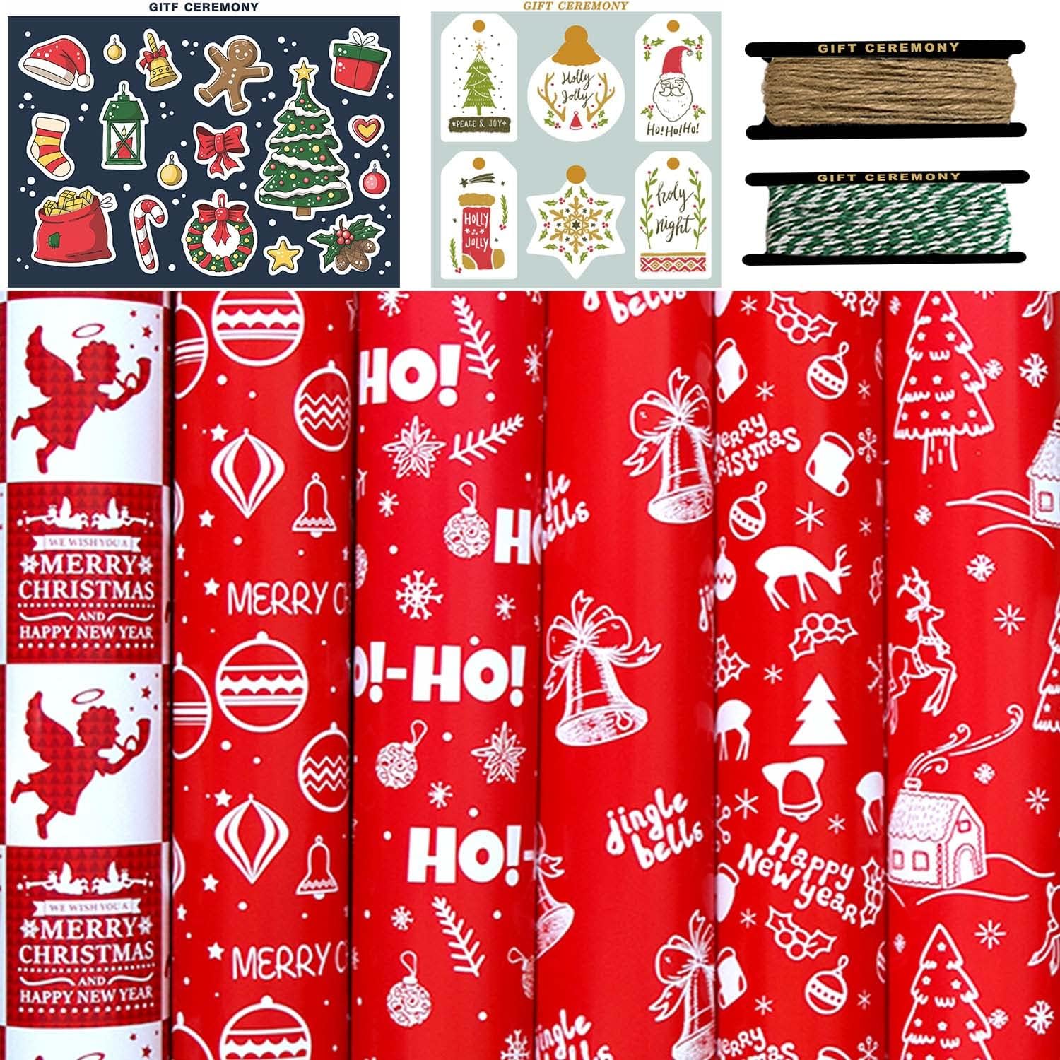 FullJoyHut Christmas Wrapping Paper Set, 6 Sheets Assorted Red Gift