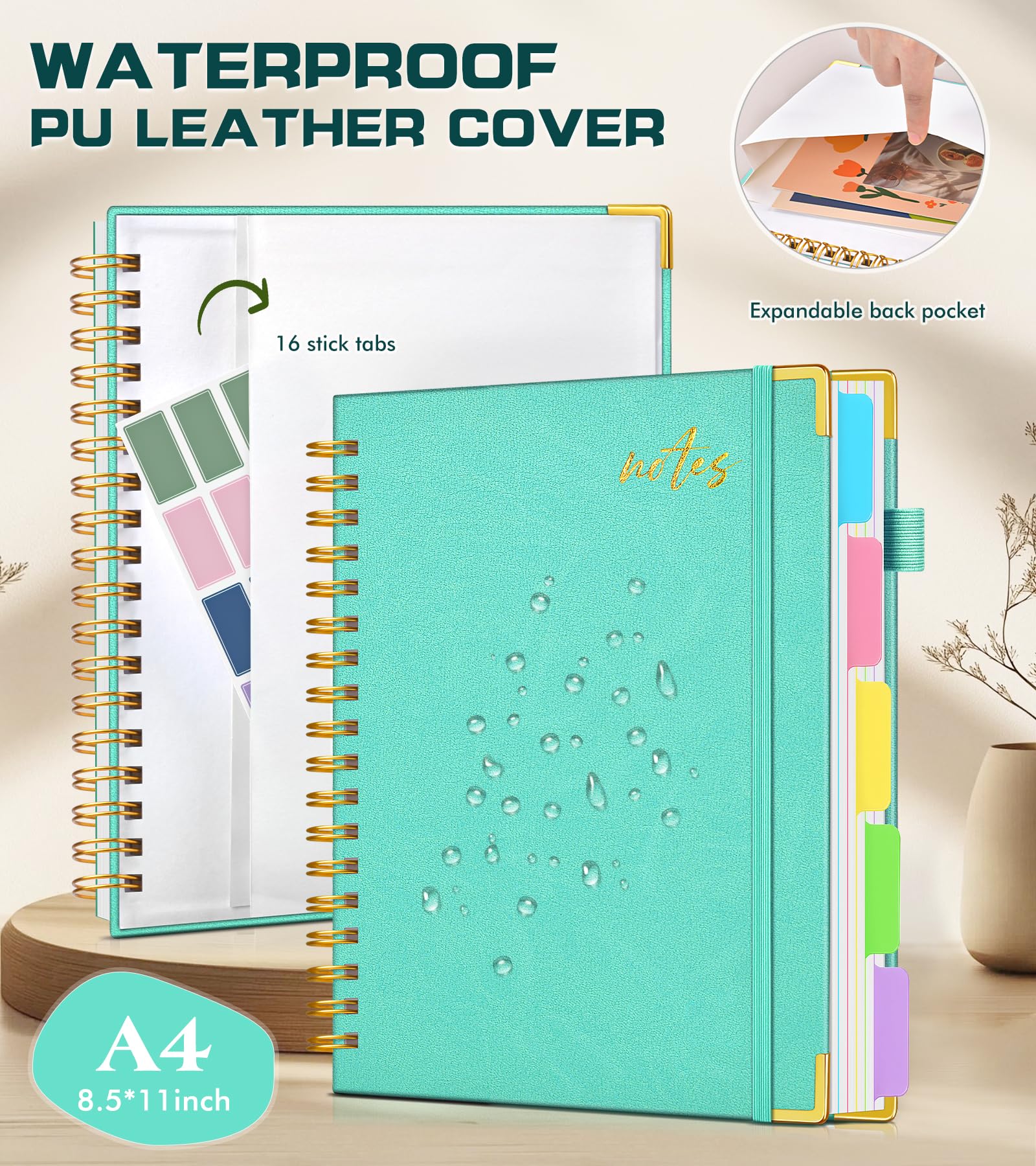 Carnet à spirales à couverture rigide de 21,6 x 27,9 cm avec onglets amovibles, 300 pages pour le travail et l'école, carnet ligné en cuir, grand journal ligné pour femme, Aqure