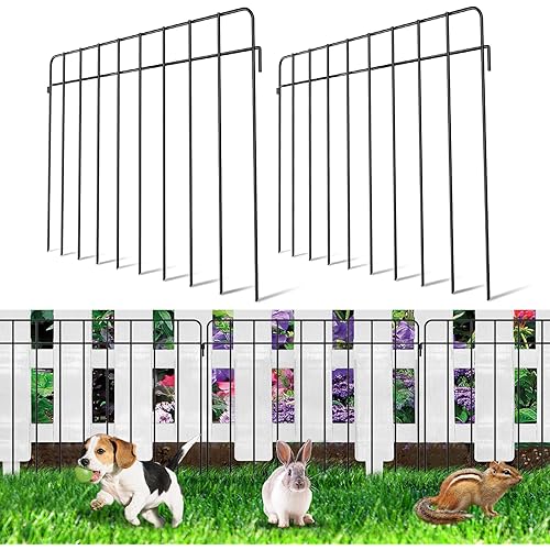 10 Pack Animal Barrier Fence Garden Outdoor - 2.4 inch Spike Spacing Underground Decorative Garden Fencing - Small Medium Fences Black Metal Panel Ground Stakes Defence Patio