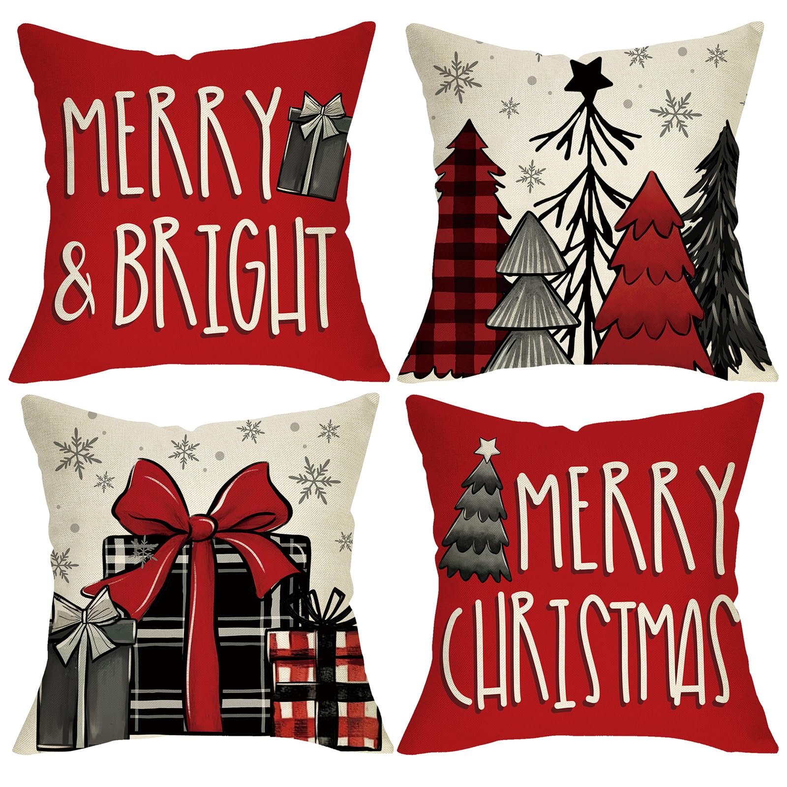 Fjfz Merry Christmas Tree Decorative Throw Pillow Covers 18 x 18 Set of 4 Merry Bright Xmas Gift