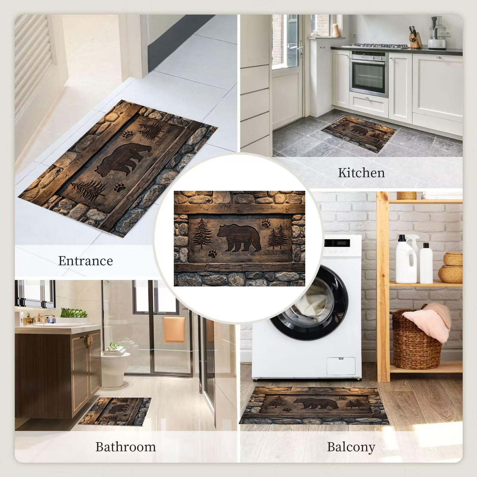 Felpudo Ultrafino Para Interiores, 80X120Cm, Talla De Madera De Oso Pardo Antiguo Alfombra Antideslizante Lavable Para Entrada, Animales Rurales Paredes Felpudo De Perfil Bajo, Atrapa Suciedad, Marrón