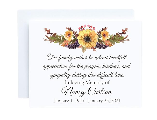 Thank You Sayings For Sympathy Cards Amazon.com: Sunflower Funeral Thank You Cards, Choose Quantity And Ink  Color, Custom Fall Sympathy Acknowledgement With Envelopes And Message  Inside, Personalized Celebration Of Life Thank You Cards, A2 Folded :  Handmade Products