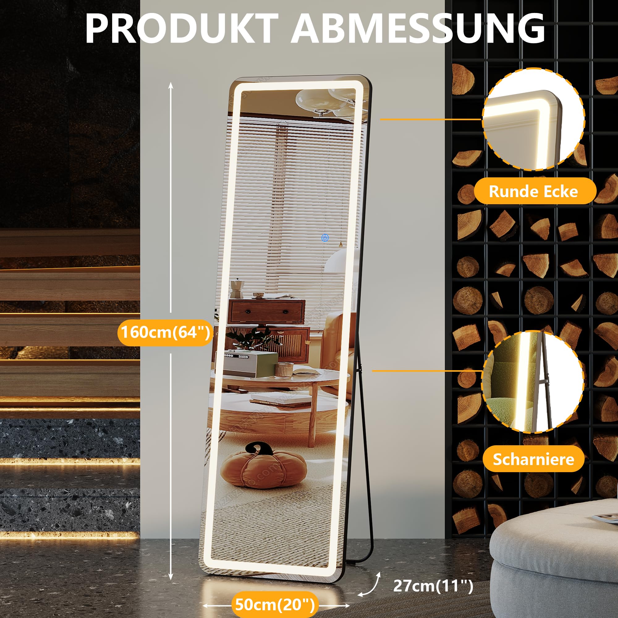 ZKIODV Specchio da parete 160 x 50 cm, con illuminazione, specchio a LED grande, grande specchio illuminato, con supporto per camera da letto, soggiorno, corridoio (nero)