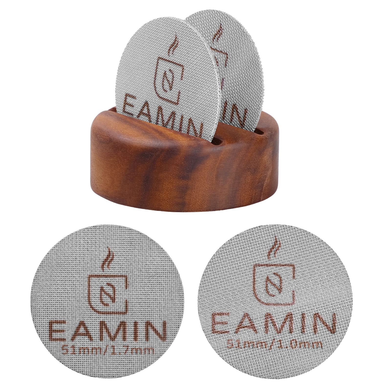 2 Packs 51mm Puck Screen with Stand-Reusable Contact Shower Screen with wood Holder-150?m Mesh,1.7mm / 1.0mm Thickness-Compatible with Espresso Machines 51mm Portafilter Basket