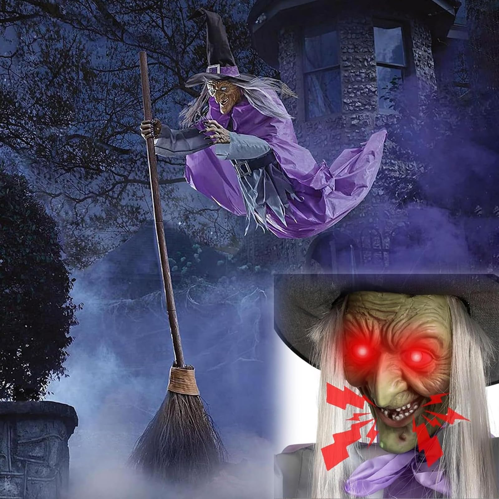 SpirWoRchlan 6 FT Flying Witch Halloween Decorations Outdoor with Scary Sounds and Lights, Animated Hovering Witch Prop for Garden Yard Lawn Indoor Outdoor Halloween Decorations Grey