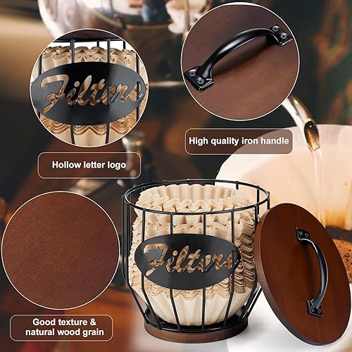 Miniatura 4 de Yangbaga Soporte para filtros de café de 8 a 12 tazas con tapa de madera, cesta de almacenamiento de filtro de café de gran capacidad, estuche