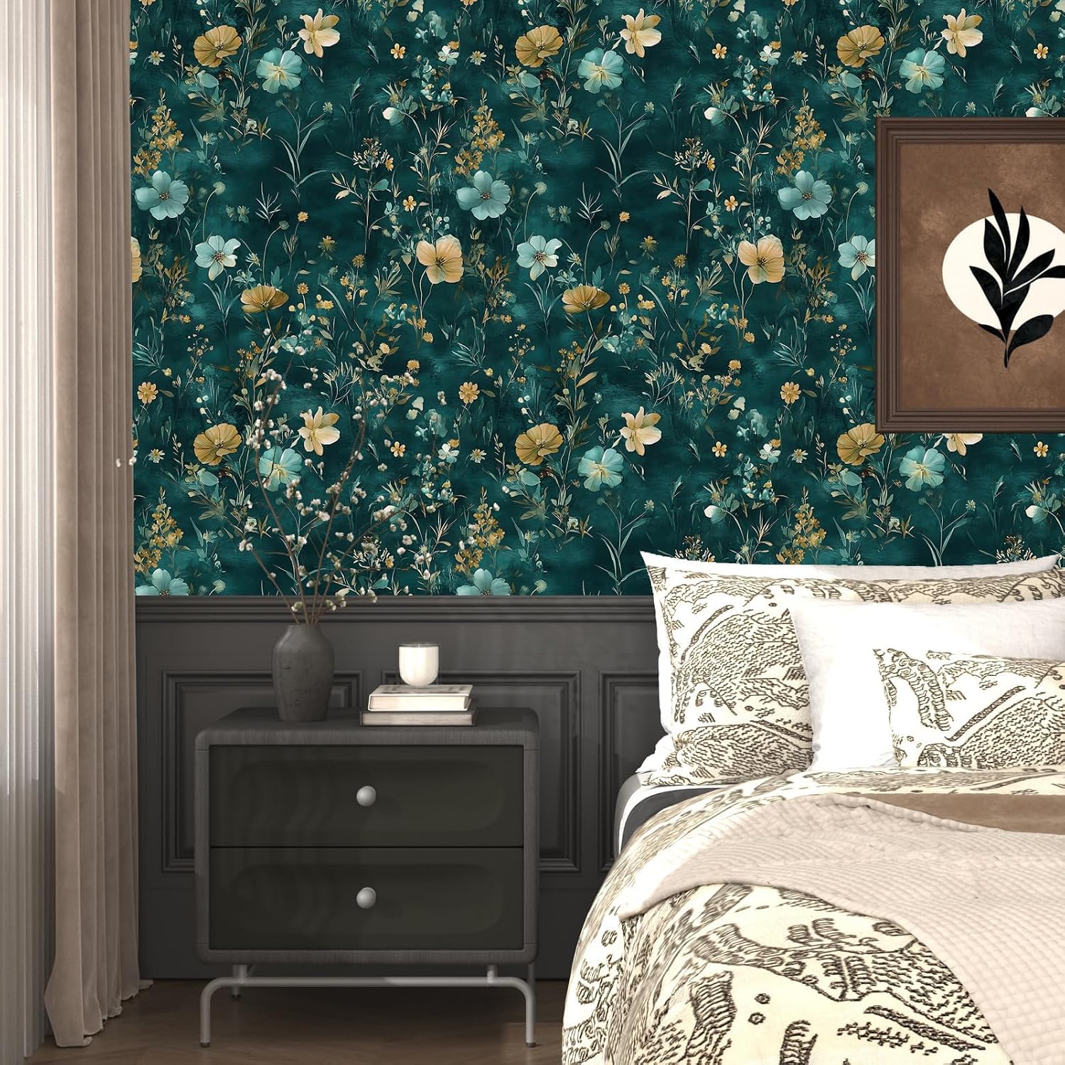 Vintage Peel and Stick Wallpaper Boho Wallpaper 17.5''x393'' Teal/Blue/Gold Wildflowers Botanical Contact Paper Waterproof Self Adhesive Modern Stick on Wall Paper for Bedroom Wall Table Cabinet