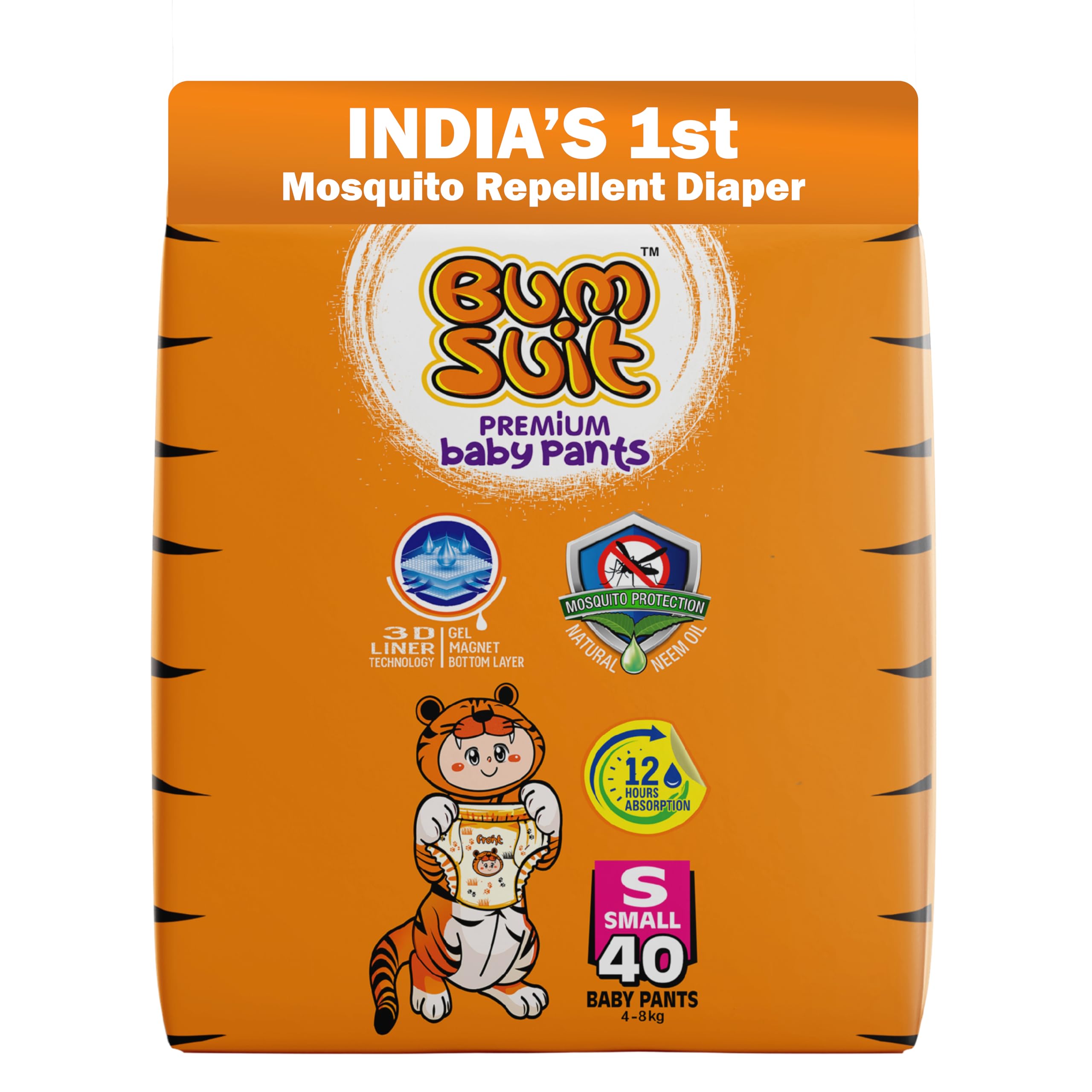 Bumsuit Baby Pants Diapers Small (S) (4–8kg), 40 Count | India’s 1st Mosquito Protection | 12 Hr Absorption | Soft Cottony Breathable Fabric | Stretchable Waistband | Leak Guard & Rash-Free Comfort
