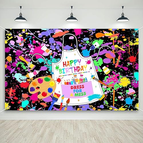 Mocsicka Cartel de cumpleaños de pintura artística para niños, pintemos vestido para un lío, decoración de fiesta, telón de fondo colorido con