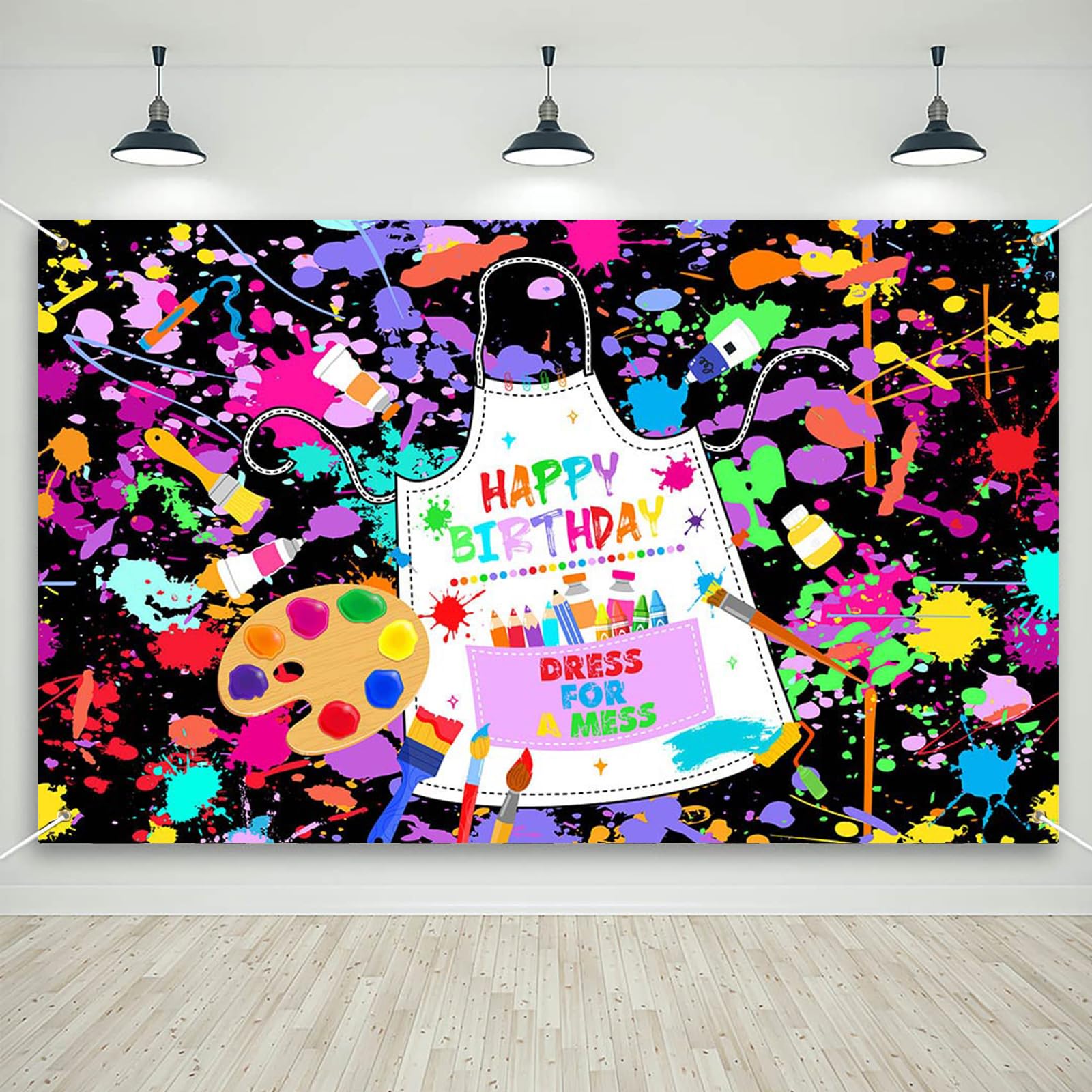 Mocsicka Art Paint Birthday Banner for Kids Let's Paint Dress for a Mess Party Decoration Backdrop Colorful Graffiti Splatter Art Painting Photography