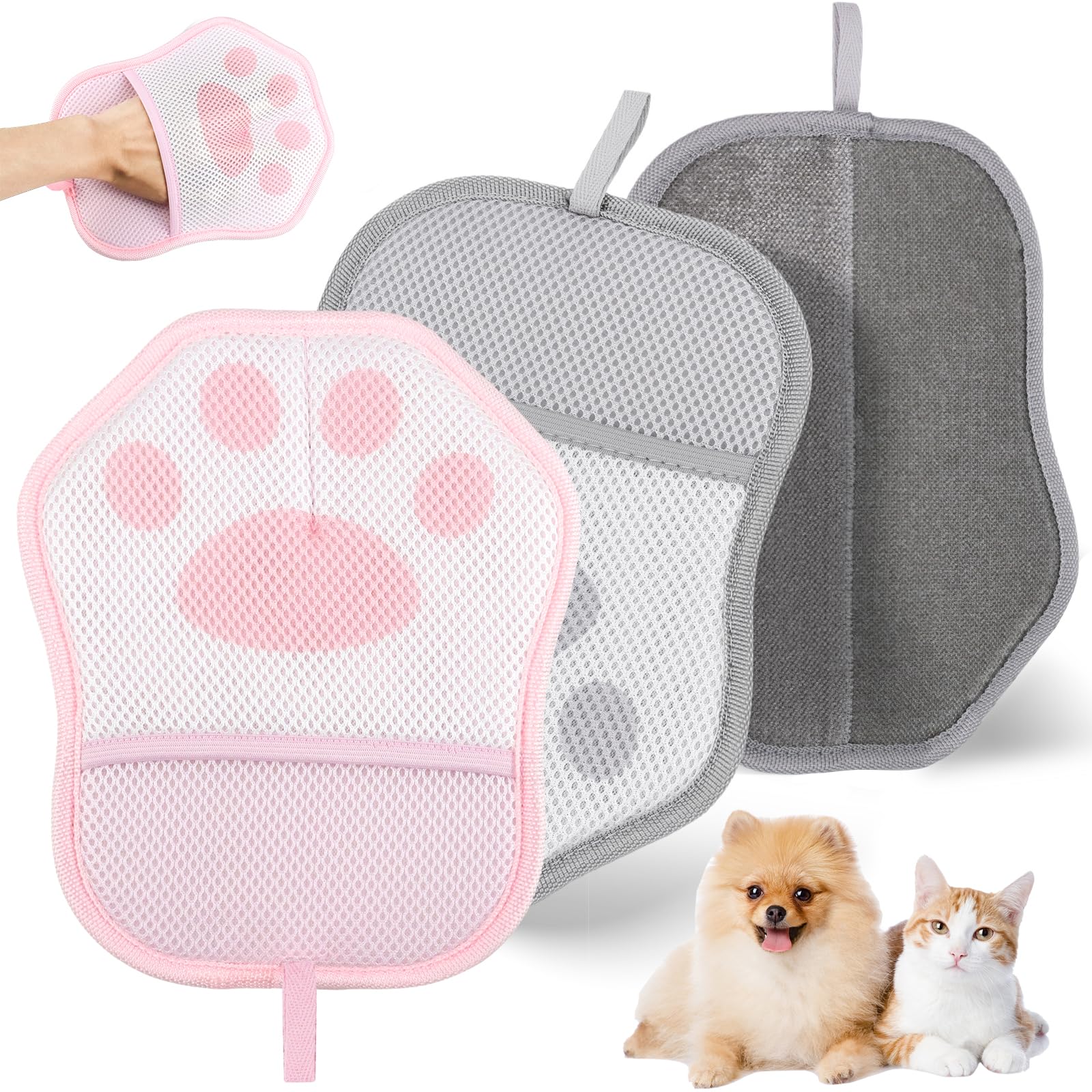 2 Pièces Gant Ramasse Poils Animaux, Gant Anti Poil Chat et Chien Réutilisable Double Face, Brosse Poils Électrostatique pour Canapé & Vêtements (Rose & Gris)