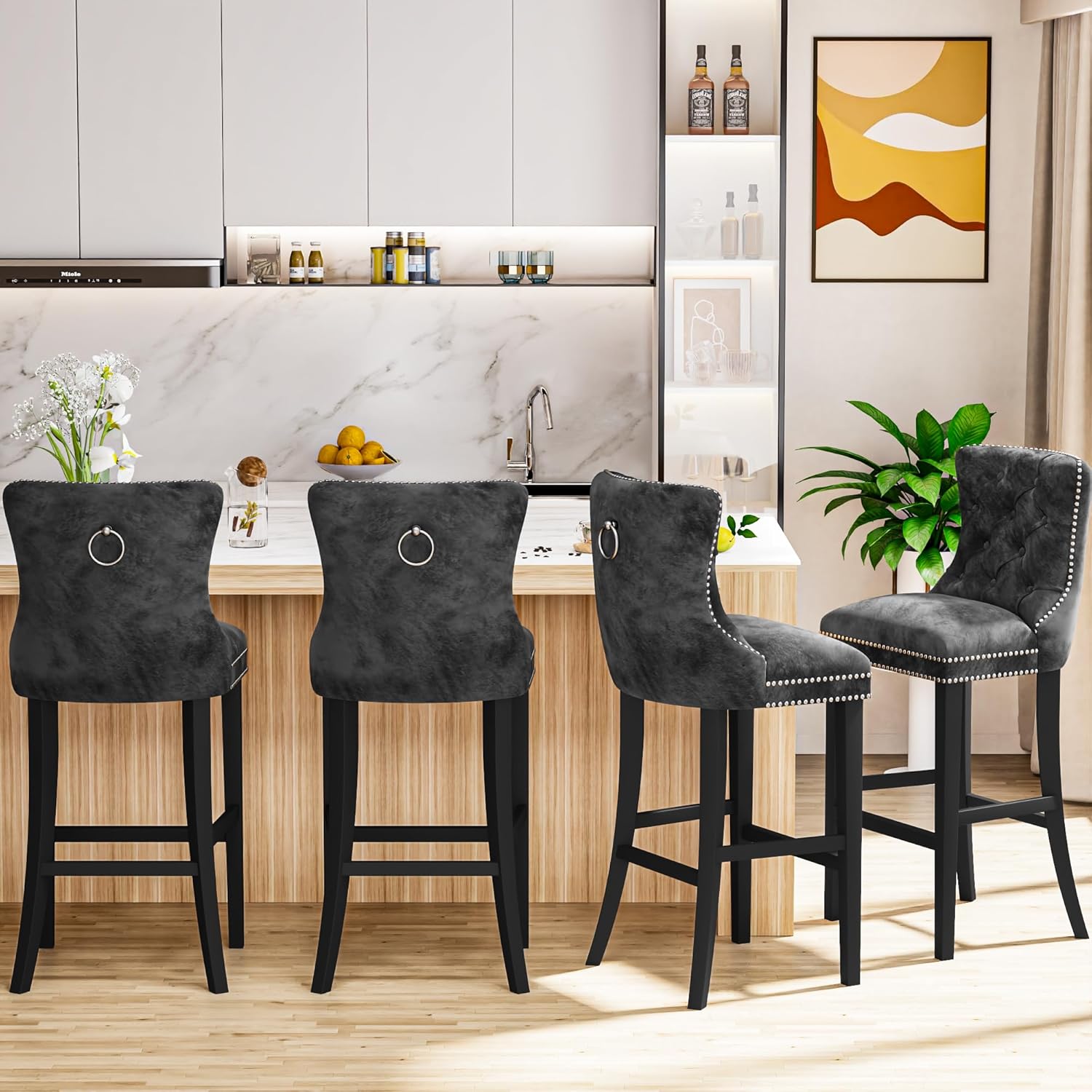DKLGG Upholstered Counter Height Bar Stools Set of 2, Velvet Tufted Bar Stools with Back and Footrest, Farmhouse Kitchen Island Stools Dining Room Chairs, 27.2''H, Chrome Nailhead Trim(Grey)