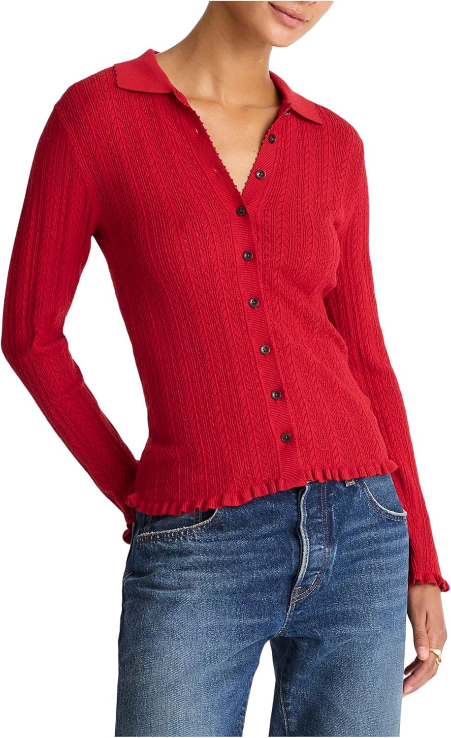 Madewell Women's Snowy Lace Stitch Melody Collar Long Sleeve Top