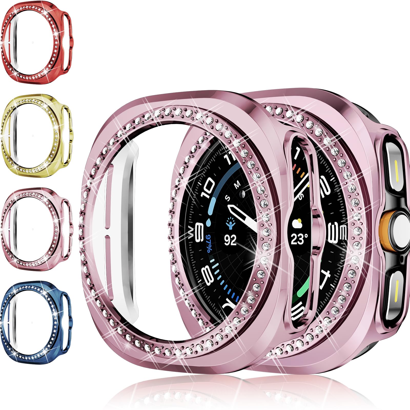 4X Case Compatible with Galaxy Watch Ultra 47mm (2025/2024) Case Accessories Shiny Diamond Bumper Hard PC Rhinestones Protector (Red/Gold/Pink/Blue,