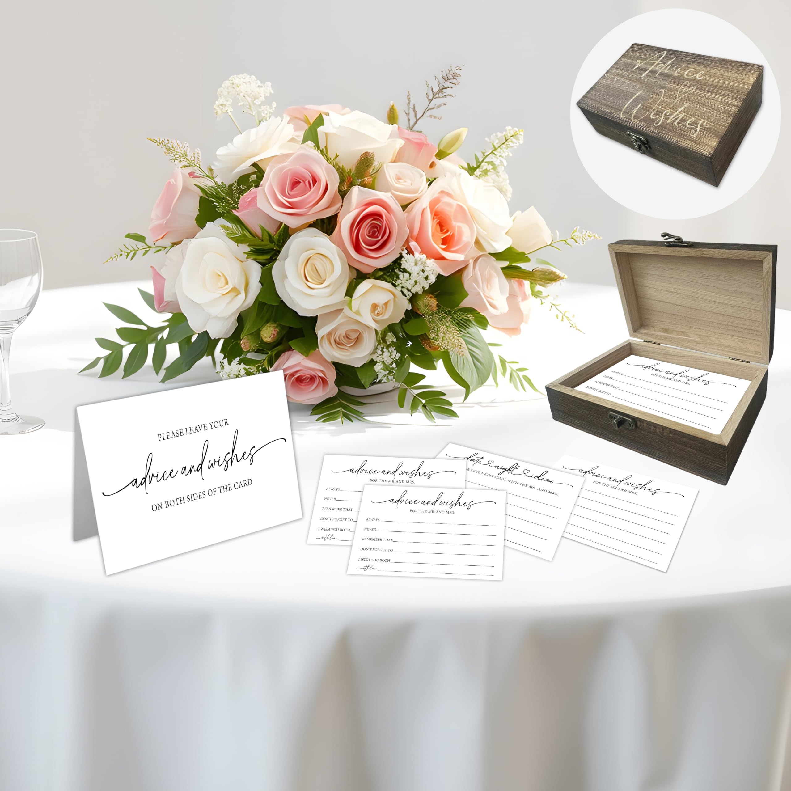 Lot de 50 cartes de conseils de mariage avec boîte de réception – Minimalisme double face Conseils et souhaits pour le Mr et Mme – Décoration de fête prénuptiale et souvenir pour les jeunes mariés