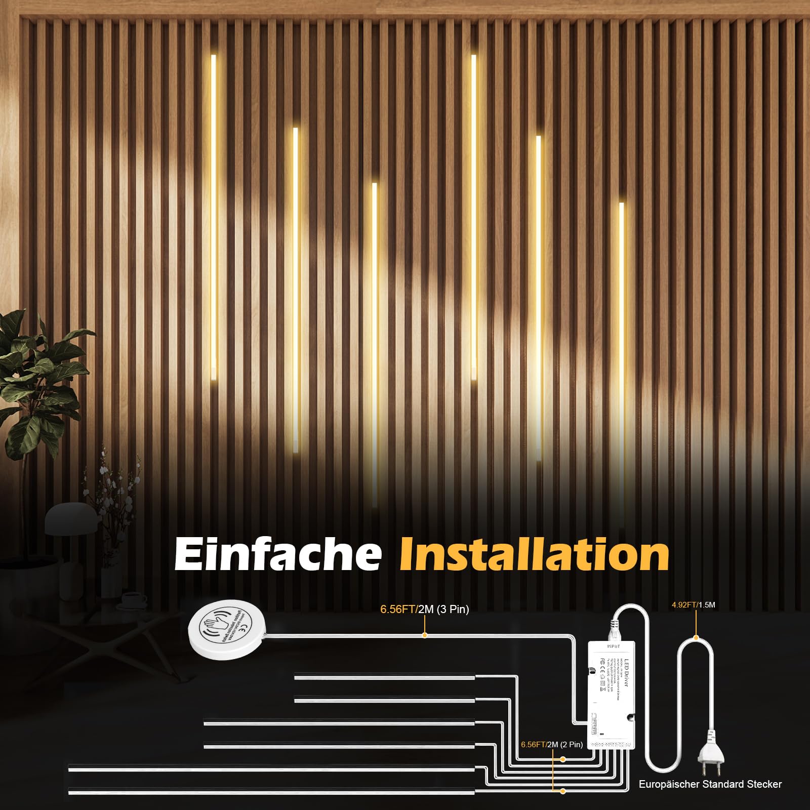 WMLBK Striscia LED per pannelli acustici, dimmerabile, 6 x 90 cm, luce bianca calda, con sensore tattile, 12 x 12 mm, accessori integrati, pannelli acustici
