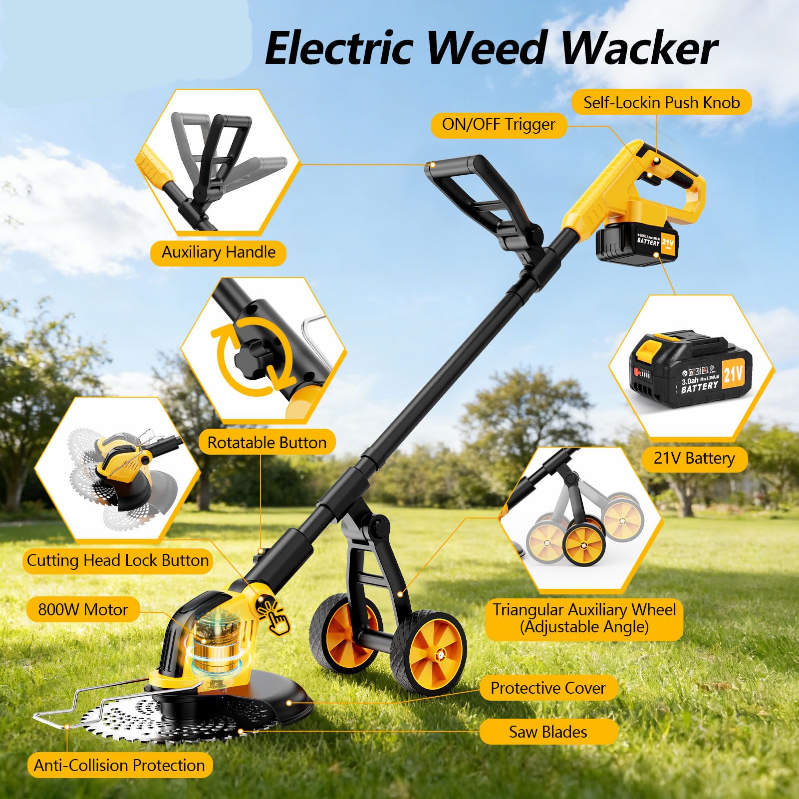 Débroussailleuses Electrique sans Fil avec Roue,Akku Rasentrimmer,30CM Coupe Bordures sans Fil avec 2 * 3.0Ah Batterie et Chargeur&4 Types Lames,Moteur Brushless 800W