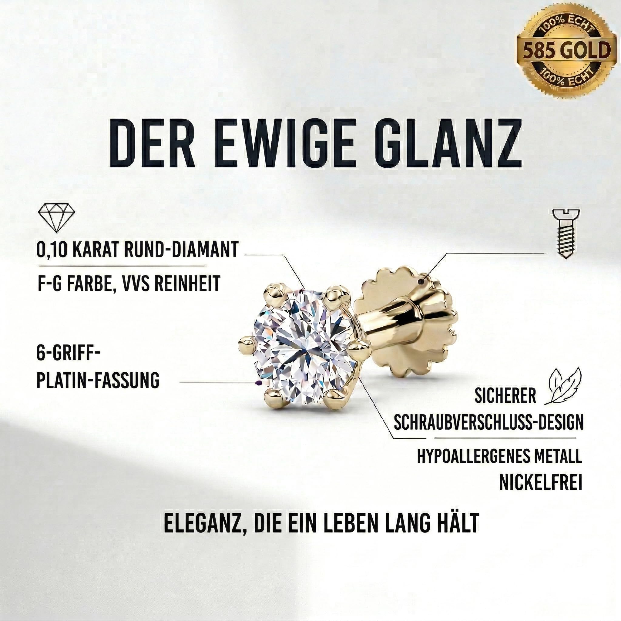 elitebox 585 Gold Nasenstecker Stud mit Diamant für Nasen- und Lippenpiercing, Labret-Stift Körper-Schmuck Ohr Tragus Helix Piercing Schmuck Hypoallergen Frauen Männer 14 Karat 6 Zacken 3mm (0.10 ct)