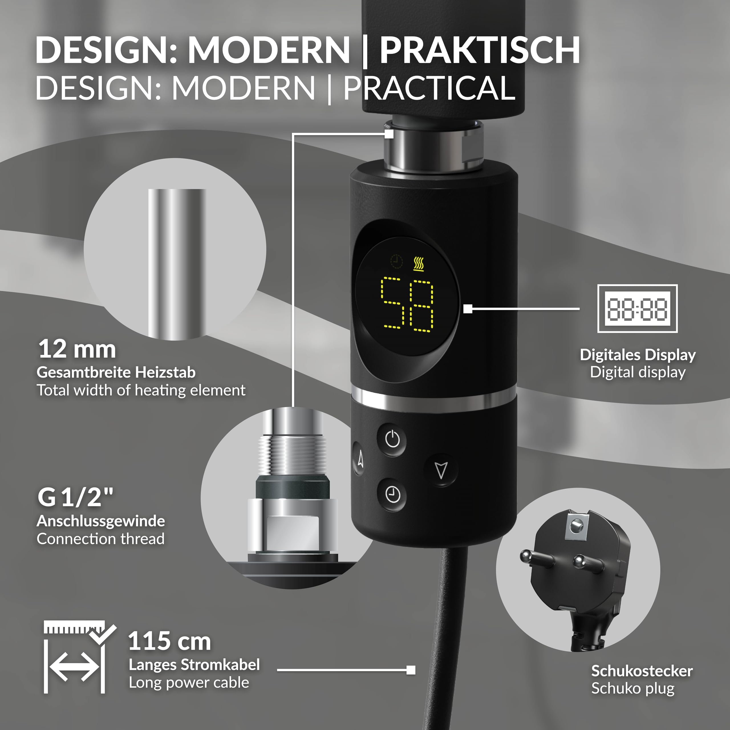 LuxeBath Elemento Calefactor Eléctrico 600W de Acero Inoxiable Negro para Radiadores, con Termostato y Pantalla Digital, Regulador Electrónico y Modo Temporizador, Calentador de Inmersión con Enchufe