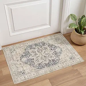 Tortania Area Rug 2x3 Doormat - Washable Vintage Oriental Farmhouse Soft Thin Indoor Carpet for Living Room Bedroom Hallway Entryway Kitchen - Cream/Blue