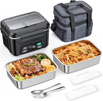 Docusvect 1.3L Rechargeable Heated Lunch Box for Men with 2 Containers & 2 Removable Dividers, Cordless Electric Lunch Box for Adults with Scheduled Heating, Two-Tier Bag, Utensils