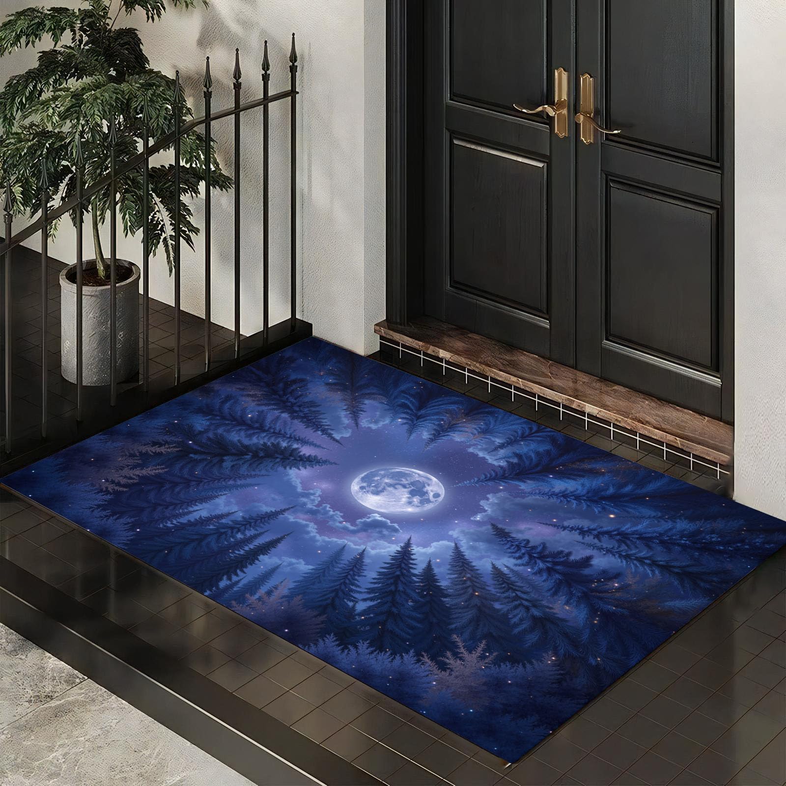 Paillasson confortable style d'art fantastique avec lune et pins