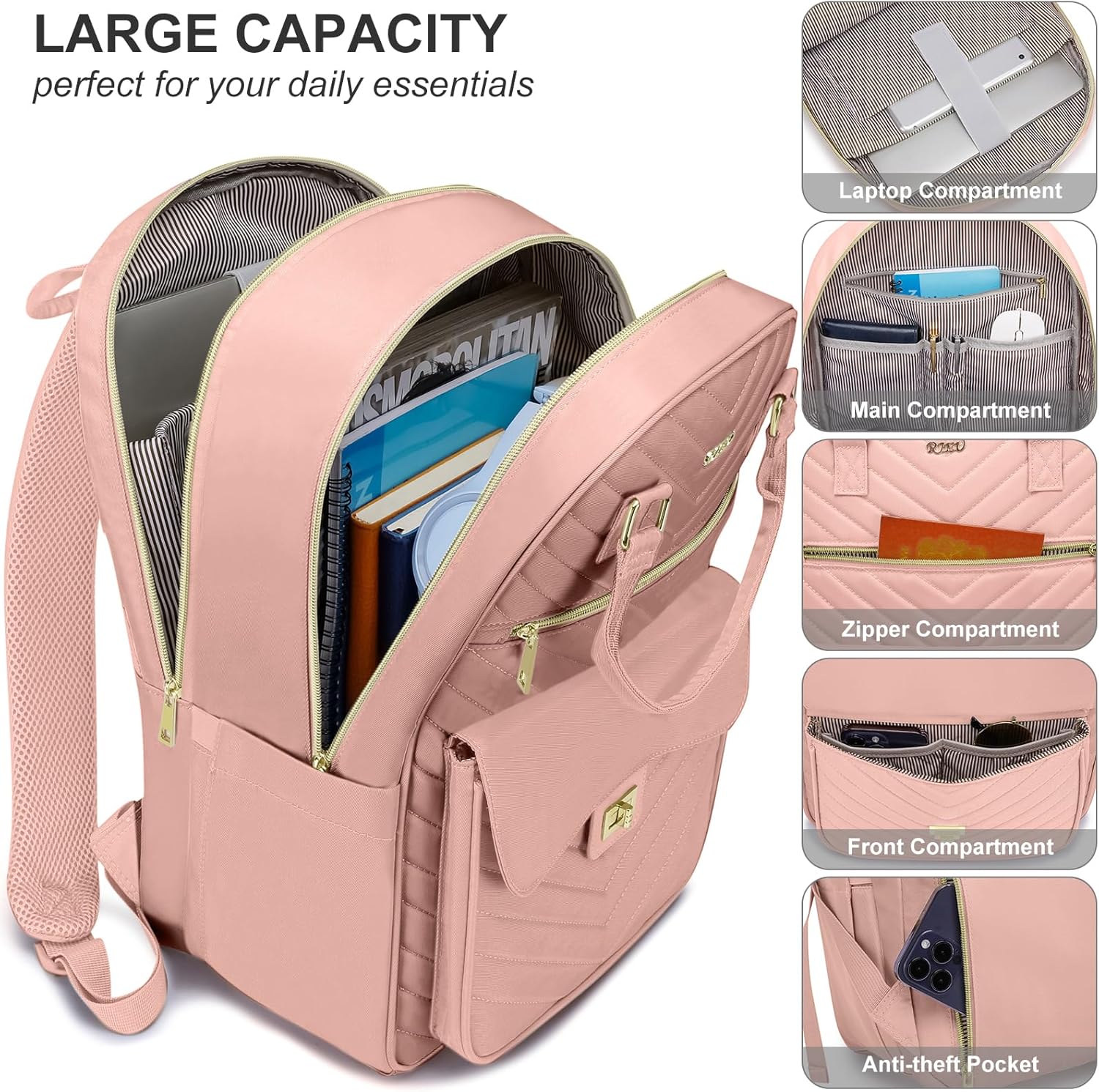 School Backpack for Teen Girls,Women Bookbag Cute Aesthetic with Laptop Compartment for College Student Travel,Mochila Escolar para Niñas,Pink