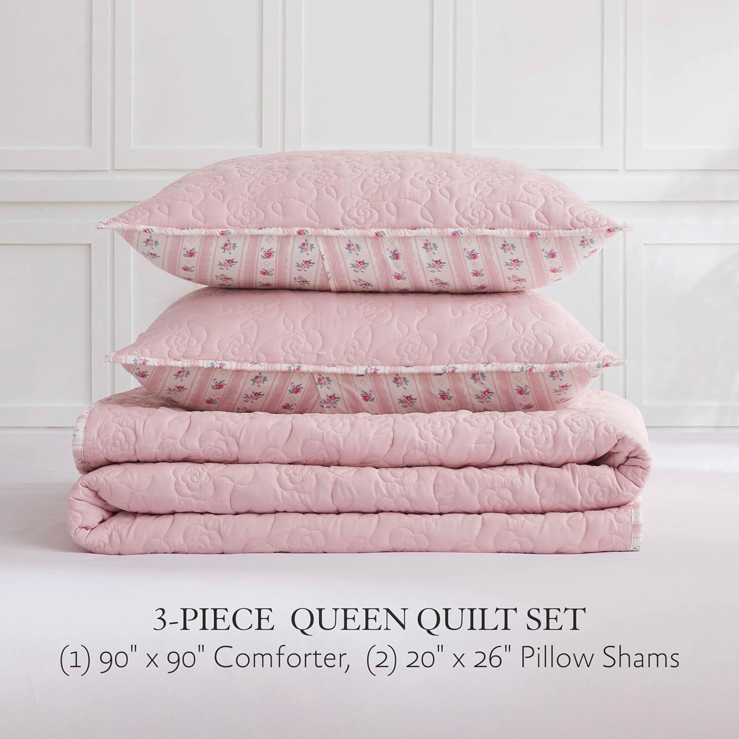 Jessica Simpson Floral Hazel Cherry Blossom Pink 3-Piece Quilt Set, Full/Queen
