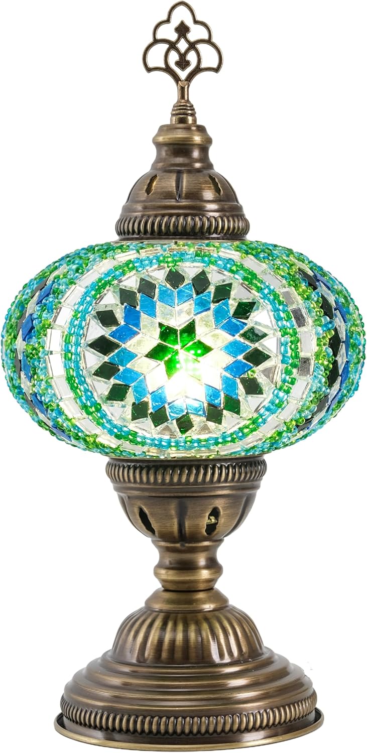 Mozaist Battery Operated Turkish Lamp with Built-in LED Light, Cordless Mosaic Table Lamp, Moroccan Decorative Glass Vintage Lamp Shade, Portable Desk Bedside Stained Glass Lamp