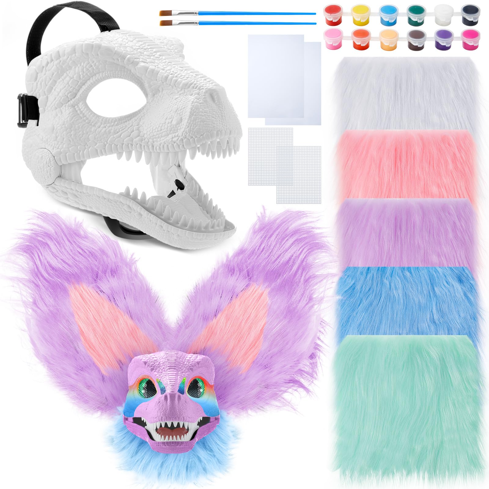 Seenelling 13 Pcs DIY Dino Mask Kit Hard Plastic Dinosaur Mask Furry Therian Dino Costume Kit Animal Dinosaur Party Costume(Cute Color)