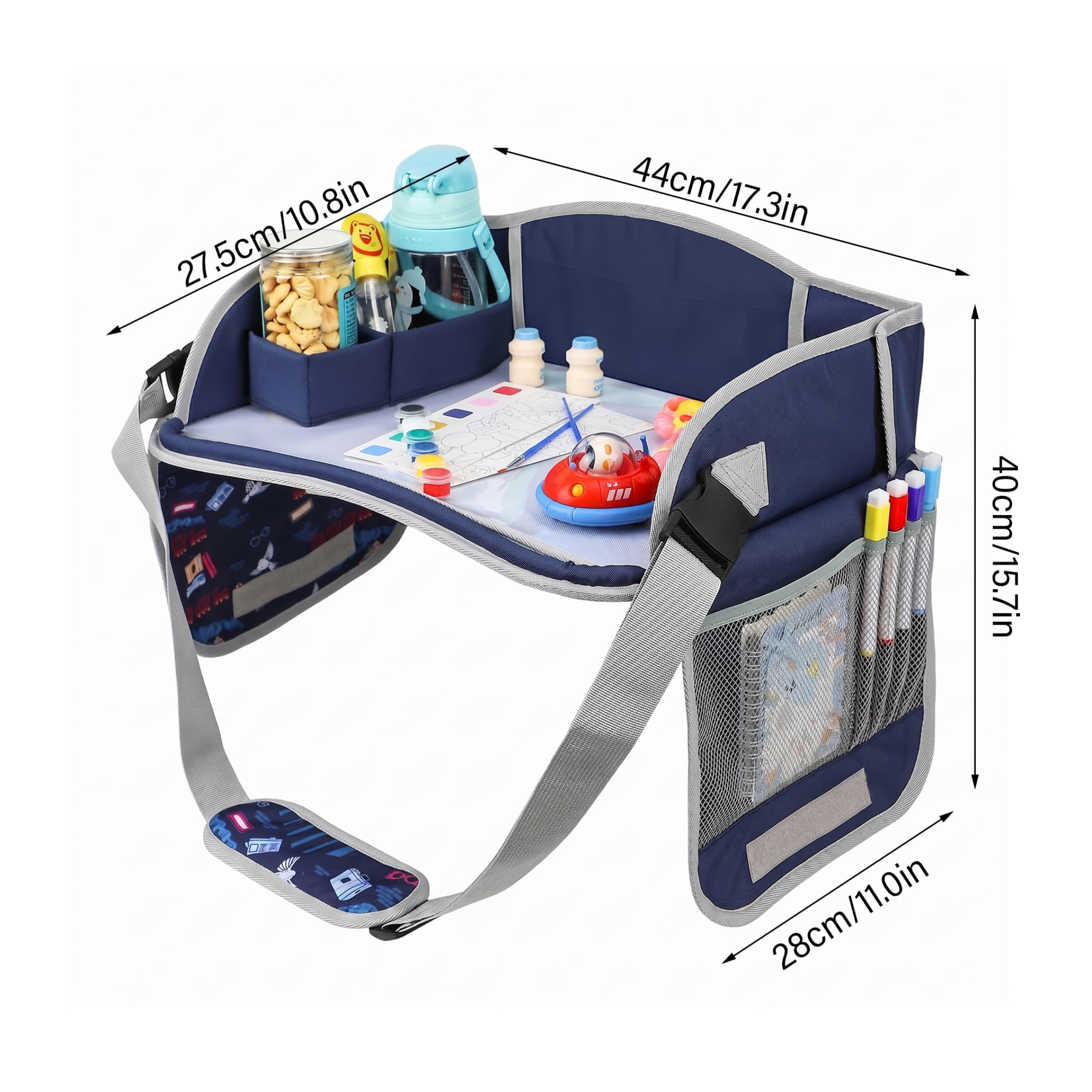 Vassoio da Viaggio per Bambini in Auto: Tavolino da Auto per Bambini, Ampio Tavolo da Viaggio Regolabile, Pieghevole in Tessuto Compatibile con Touchscreen con Scomparti Portaoggetti per Ra