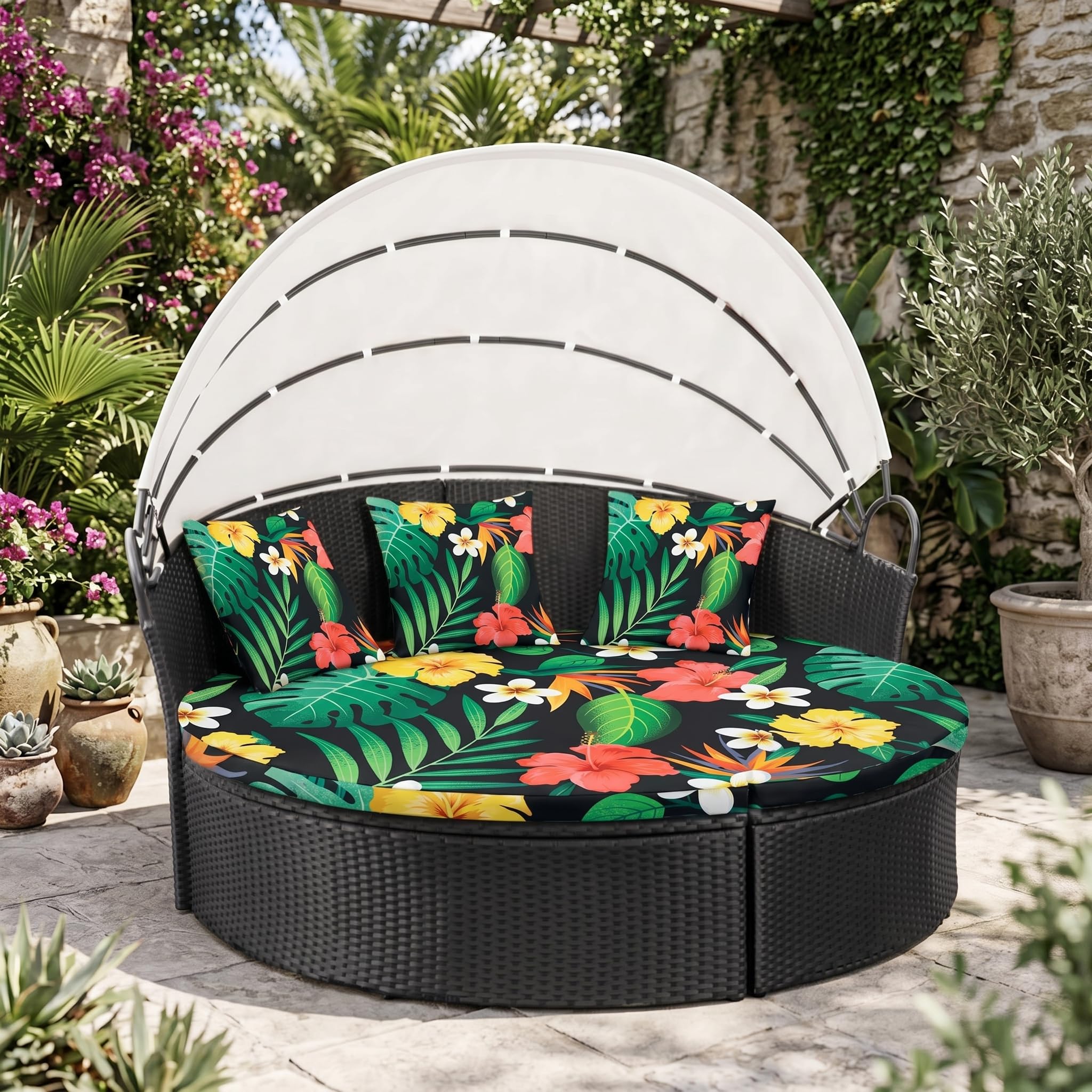 LiveGo Outdoor Daybed Cushion Cover, 66" Replacement Daybed Cover with Elastic Band, Sun Bed Cushion Cover, Outdoor Round Bed Cushion Covers (Flower C, 1 Round Cover + 3 Pillow Covers) — image 1