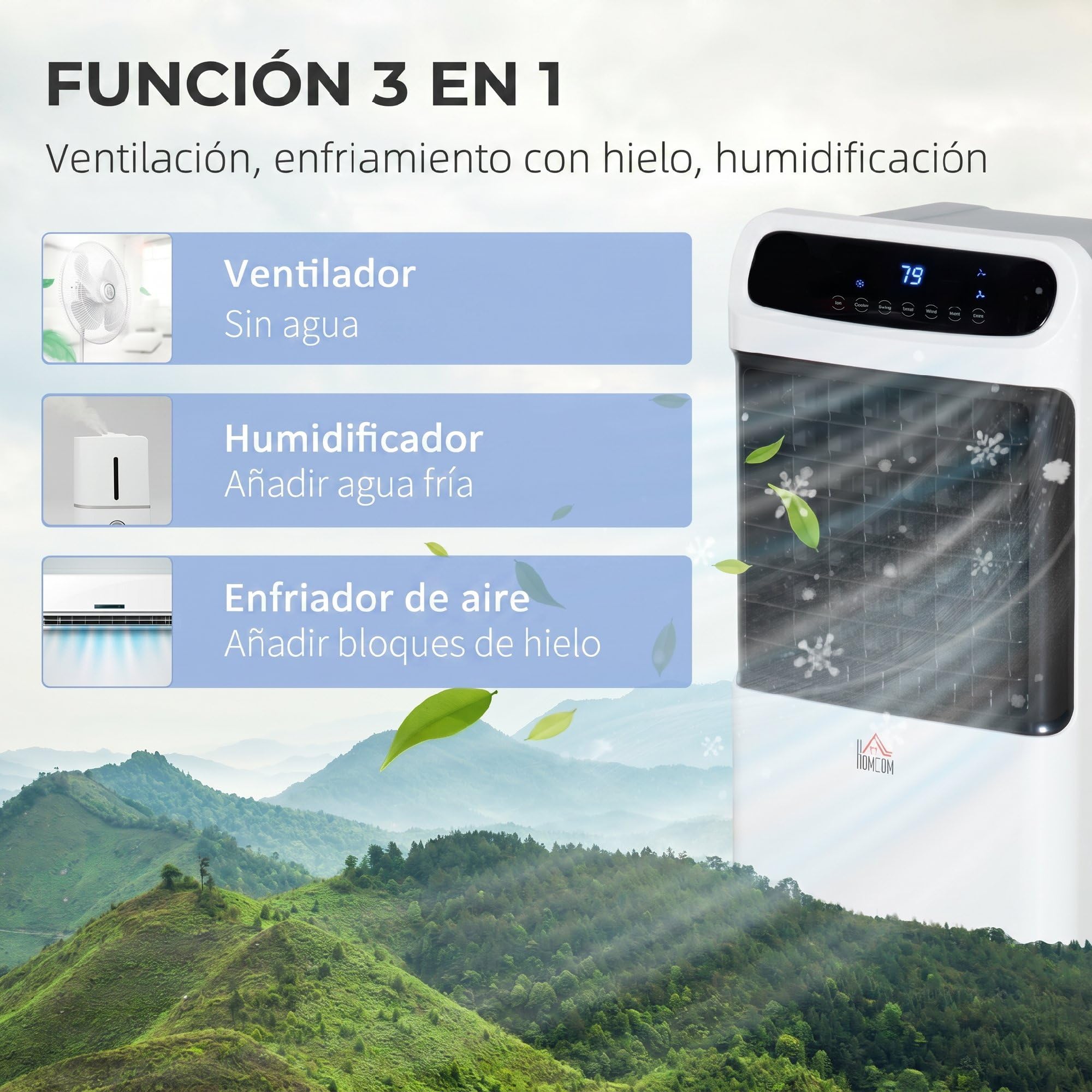 HOMCOM Climatizador Evaporativo Bajo Consumo 4 en 1 Depósito 12L Humidificador Climatizador Iones Negativos Control Remoto 3 Modos 3 Velocidades Temporizador 12 h Pantalla LED Táctil 38x35x81cm Blanco