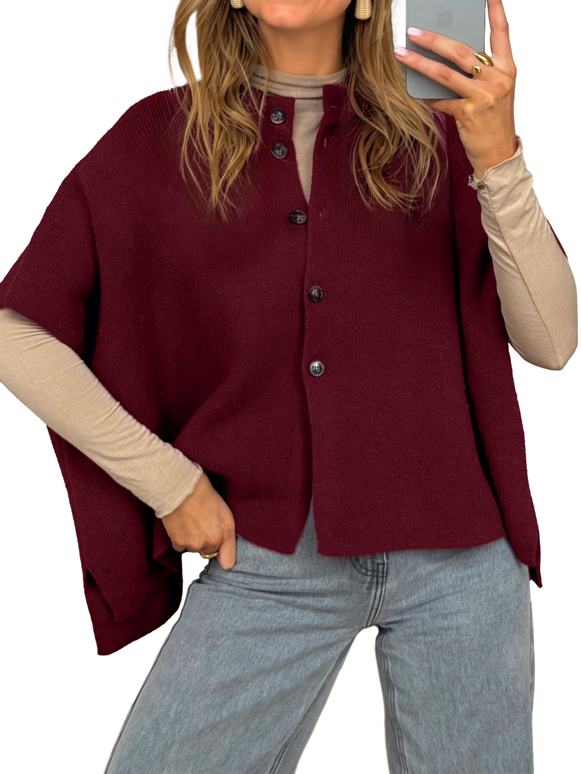 Simplee Womens Oversized Batwing Short Sleeve Cardigan Crewneck Button Down Knit Sweaters Pullover Fall Tops 2025