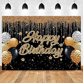 Leopard Happy Birthday Backdrop for Glitter Black Gold Birthday Party Decorations, Cheetah Birthday Party Decoration Gold Leopard Birthday Photography Background Banner 7x5ft