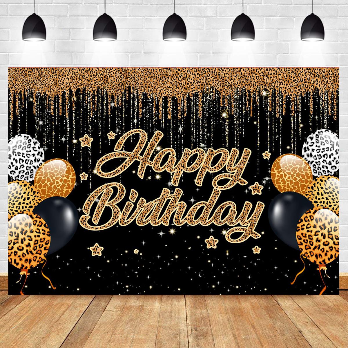 CapiSco Leopard Happy Birthday Backdrop for Glitter Black Gold Birthday Party Decorations, Cheetah Birthday Party Decoration Gold Leopard Birthday