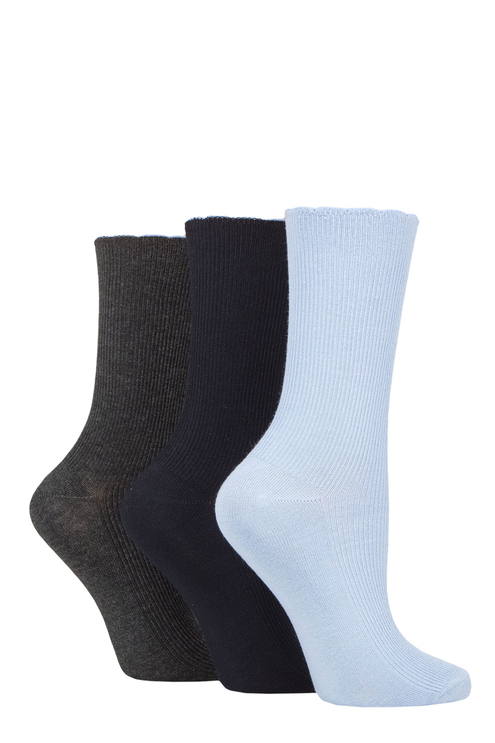 Elle Women's Navy / Charc / Kentucky Blue Ribbed Bamboo Socks With Scallop Top Pack Of 3 Navy/Charc/Kentucky Blue 4-8