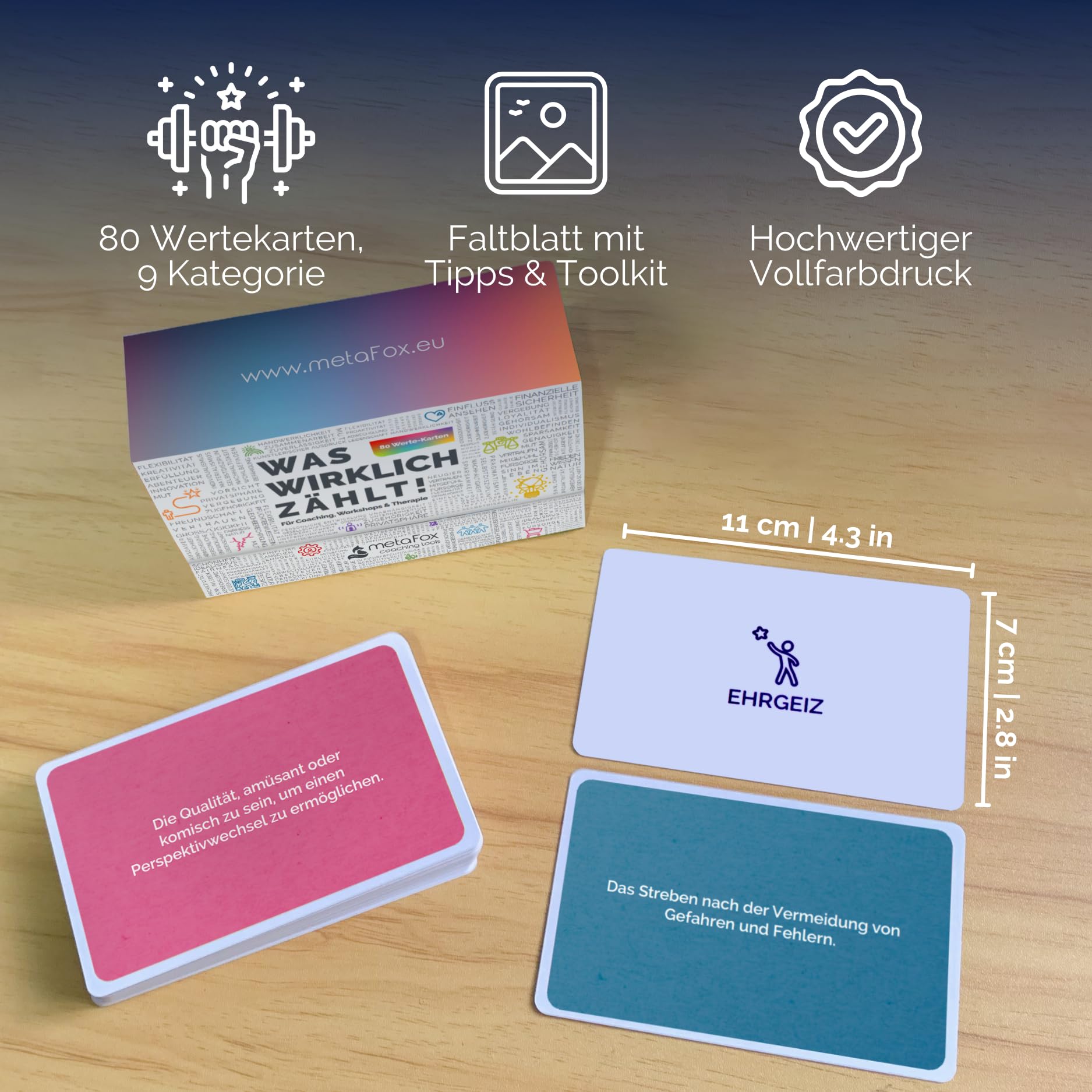 metaFox "Was wirklich zählt!" - 80 Wertekarten für Coaching, Workshops & Therapie - Für Life Coaching, Act Therapy Cards, Personal Values Cards und Therapy Tool