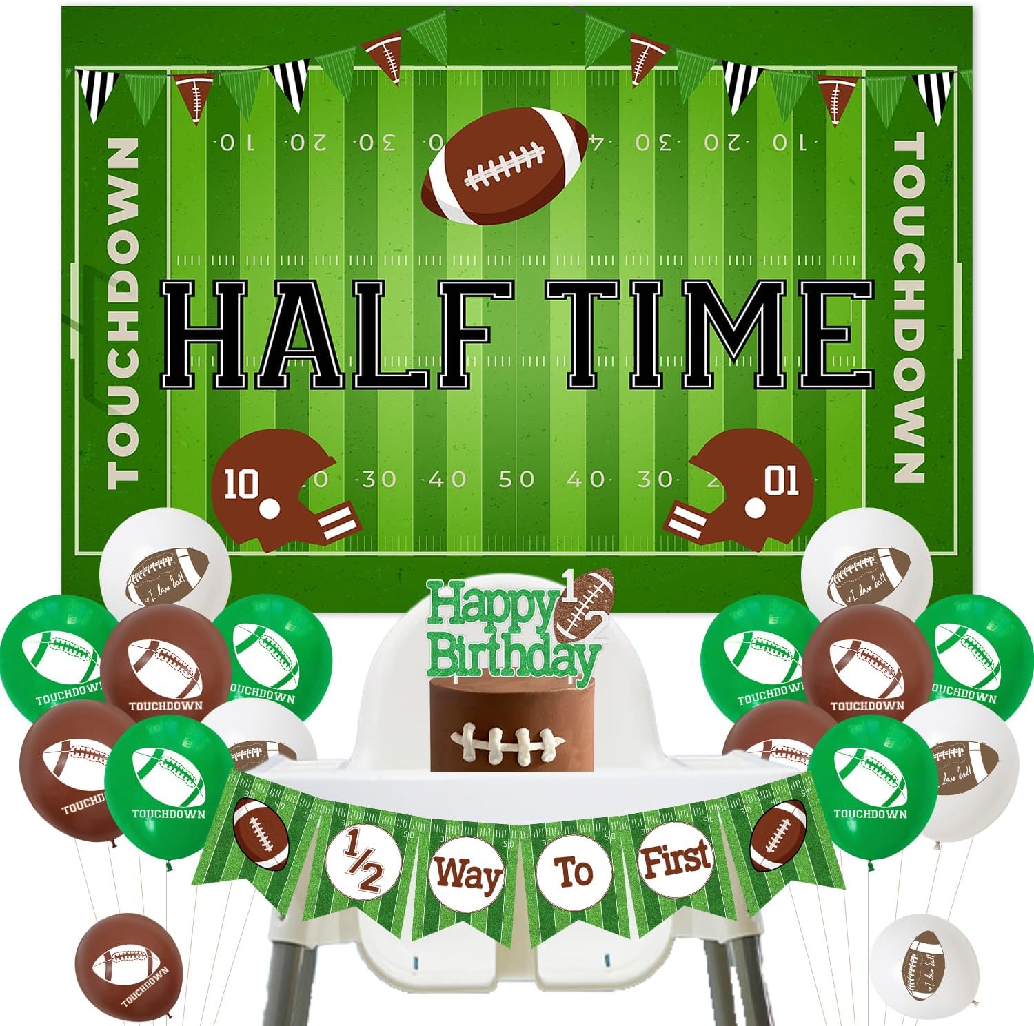 Football Half Birthday Decorations, Football Half Time Backdrop 1/2 Way to First Banner Glitter Paper Happy Birthday Cake Topper with Latex Balloons for Baseball Touchdown 6 Month Birthady Supplies